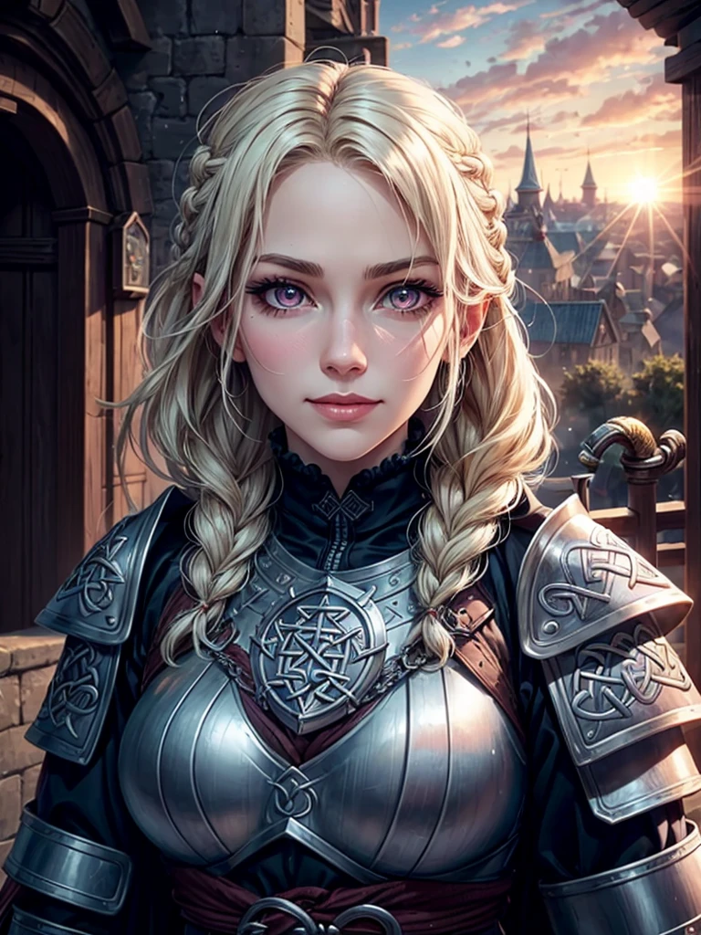 1 girl, adult russian woman, pink eyes, platinum blonde dutch braid,
portrait, solo, upper body, looking at viewer, detailed background, detailed face, (CeltPunkAI, tribal celtic theme:1.1), protector, keeping watch, shield, chainmail armor, leather gauntlets, heraldry, city gate in background, wind blowing, sunrise, medieval atmosphere,
, seductive smile, inviting expression, suggestive