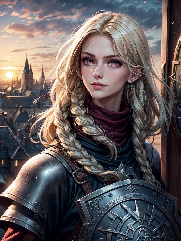1 girl, adult russian woman, pink eyes, platinum blonde dutch braid,
portrait, solo, upper body, looking at viewer, detailed background, detailed face, (CeltPunkAI, tribal celtic theme:1.1), protector, keeping watch, shield, chainmail armor, leather gauntlets, heraldry, city gate in background, wind blowing, sunrise, medieval atmosphere,
, seductive smile, inviting expression, suggestive
