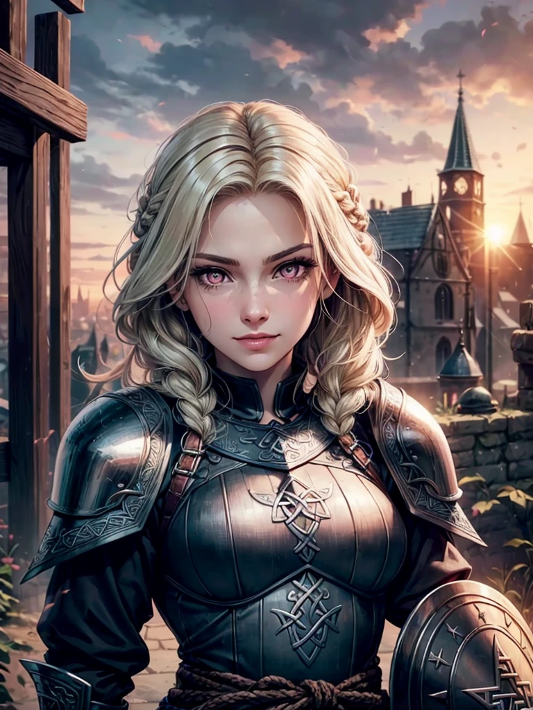 1 girl, adult russian woman, pink eyes, platinum blonde dutch braid,
portrait, solo, upper body, looking at viewer, detailed background, detailed face, (CeltPunkAI, tribal celtic theme:1.1), protector, keeping watch, shield, chainmail armor, leather gauntlets, heraldry, city gate in background, wind blowing, sunrise, medieval atmosphere,
, seductive smile, inviting expression, suggestive