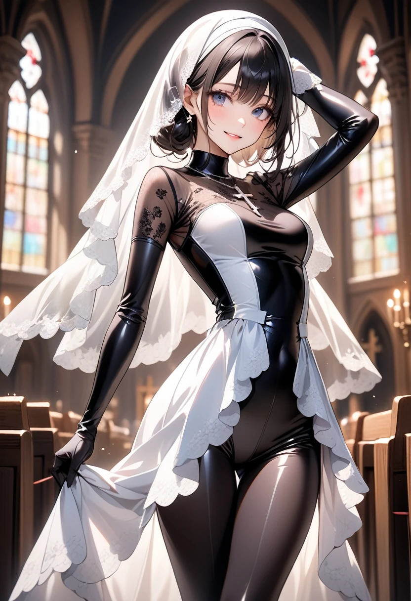 , ai-generated,A beautiful woman dressed as a church sister, Strike a pose gracefully. She has a perfect face、, Expressive eyes, long flowing hair, And a kind smile. Her body is perfectly balanced, With a slim waist and beautiful curves. 彼女の教会のNunsたちの衣装は伝統的な要素で飾られている., Includes a modest dress with a veil and intricate embroidery. The embroidery is delicate, beautiful, Casually sexy, Enhance the elegance of your outfit. This dress has a high neck and long sleeves..., Decorated with lace and intricate patterns. The veil is of high quality, The translucent material flows gracefully over the shoulders... The background is soft and blurry、Focus on her.. Make your underarms look natural、Maintaining balance throughout the body. The character needs to appear graceful and confident.... Please show me your armpits, Embarrassing, Are crying, anger, (Nuns),(Cross Necklace), Latex bodysuit, Shiny clothes, Perfect fit for your skin, habit, Latex gloves,Black bodysuit,Thigh-high boots, No sleeve,