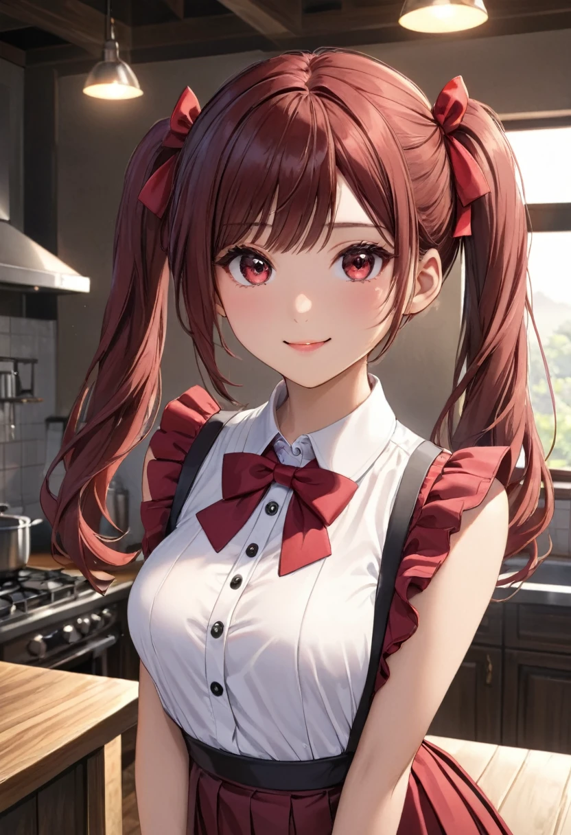 (masterpiece:1.2, Highest quality), (Realistic, photoRealistic:1.4), Beautiful illustrations, (Natural Side Lighting, Cinema Lighting), Browsing Caution, Looking at the audience, (Face Focus, Upper Body), 1 girl, Japanese, high school girl, Perfect Face, Symmetrical cute face, Glowing Skin, (Long Hair:1.5, Twin tails:1.4, Dark brown hair), Asymmetrical bangs, Dark red eyes, Shining Eyes, Big eyes, Droopy eyes, Long eyelashes, (Medium chest), thin, Dark red hair ribbon, Beautiful Hair, Beautiful Face, Fine and beautiful eyes, Beautiful clavicle, Beautiful body, Beautiful breasts, Beautiful thighs, Beautiful legs, Beautiful fingers, ((Pink ruffled apron, White collared shirt, Dark red pleated mini skirt), Dark red bow tie), (Beautiful views), evening, (kitchen), Are standing, Put your arms behind your head, (Cute Smile, Upper Eye),
