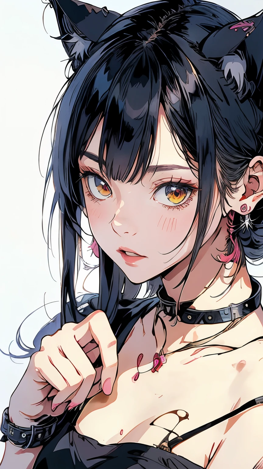 (best quality,4K,8K,high resolution,masterpiece:1.2),Extremely detailed,(Practical,photoPractical,photo-Practical:1.37),Black hair and pink ears anime girl,White shirt,Gina Homura (Gina Homura) Animation painting,pixiv,The Art of Self-Destruction,Gapmo,Yendre,Anime mo art style,Yendre,Anime girl with cat ears,Anime Grandma,Anime style,Practical anime style,portrait Anime style,Nekomimi,semi-Practical anime style