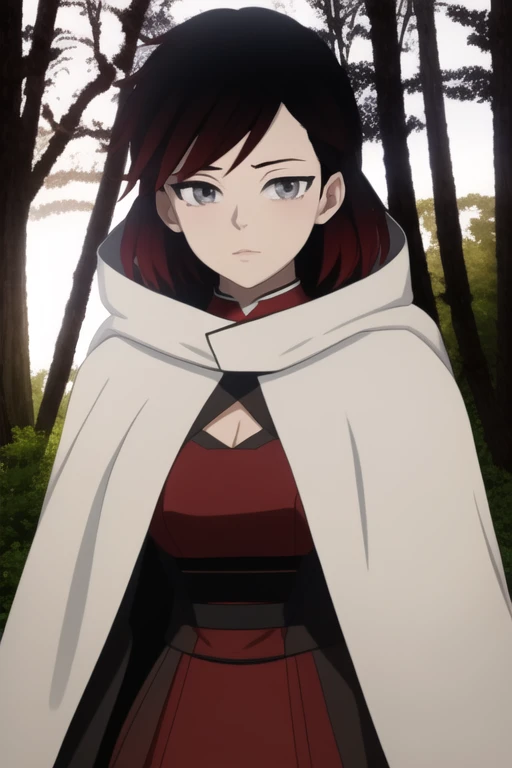 srwby, short hair, black hair, red hair, white cloak, white cape, gradient hair, grey eyes, Solo, 1girl, Looking at viewer, Masterpiece, Best Quality, forest