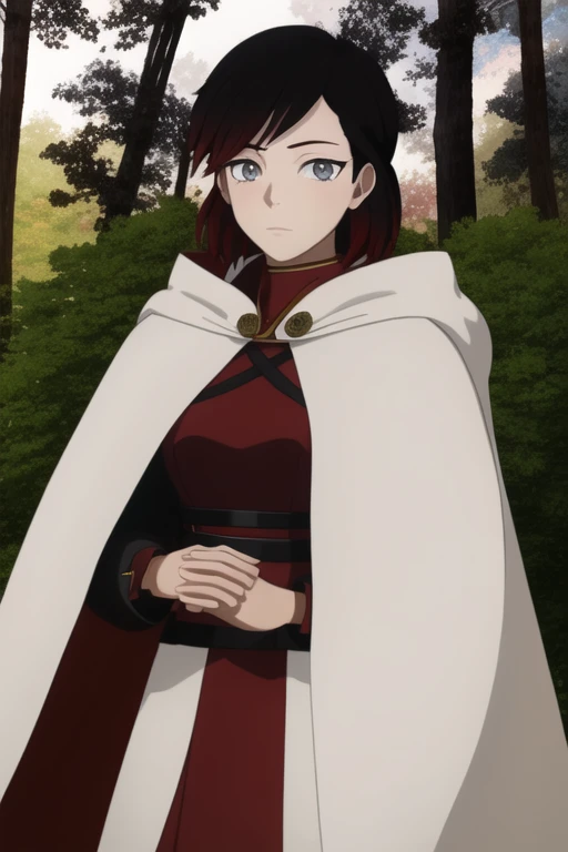 srwby, short hair, black hair, red hair, white cloak, white cape, gradient hair, grey eyes, Solo, 1girl, Looking at viewer, Masterpiece, Best Quality, forest