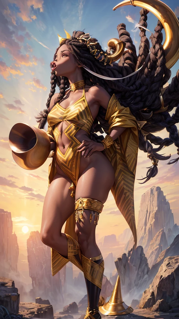 (masterpiece, highest quality, ultra high res, ultra detailed:1.3), 1 cute girl, ideal ratio body proportions, a national costume with a zigzag print, (black fine dreadlocks:1.3), (blowing a horn:1.4),