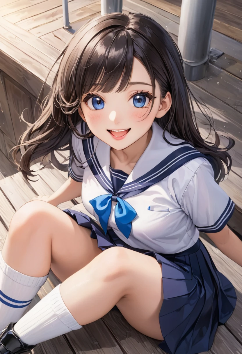 (Highest quality:1.2, 4K, 8k, Studio Anime, Very detailed, up to date, Vibrant, Attention to detail, High Contrast, masterpiece:1.2, Highest quality, Best aesthetics), (((1 girl))), Sit and pose, ＪＫ, Sailor suit, Pleated skirt, loose socks, loafers, Open your mouth a little:1.2, smile, Dynamic Angle, look up:1.3, Friendly atmosphere, Beautiful Hair, Shiny Hair, Beautiful Skin, Detailed face and eyes, Glossy Lips, Curvy Women, Striking contrast,