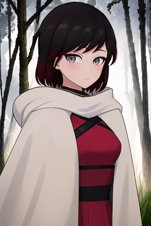 srwby, short hair, black hair, red hair, white cloak, white cape, gradient hair, grey eyes, Solo, 1girl, Looking at viewer, Masterpiece, Best Quality, forest