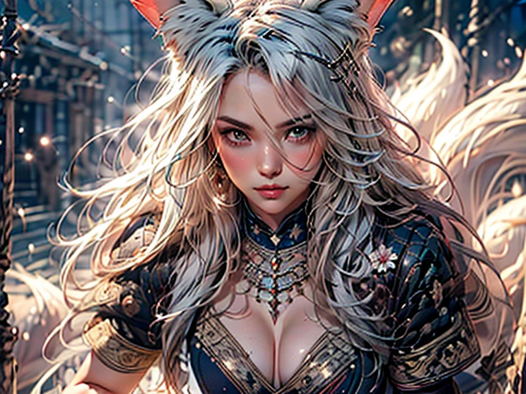 realistic detailed portrait of a beautiful shy girl with long eyelashes, fake fox ears, light smile, soft reddish ears, accurate, heart hairpin, crazed eyes, surrealism, silver hair, tan skin, casting shadow, anaglyph, stereogram, tachi-e, throwing, atmospheric perspective, 8K, super detailed, highest quality, white thigh-high boots, patent sailor uniform, female pirate, information