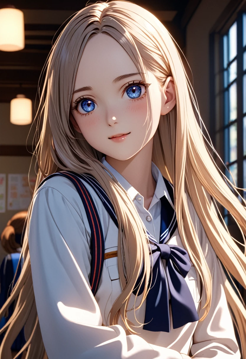 A beautiful anime girl, in school uniform, hands on the back, white background, long flowing hair, large expressive eyes, delicate facial features, porcelain skin, gentle smile, cinematic lighting, vibrant colors, dramatic atmospheric, photorealistic, 8k, best quality, masterpiece