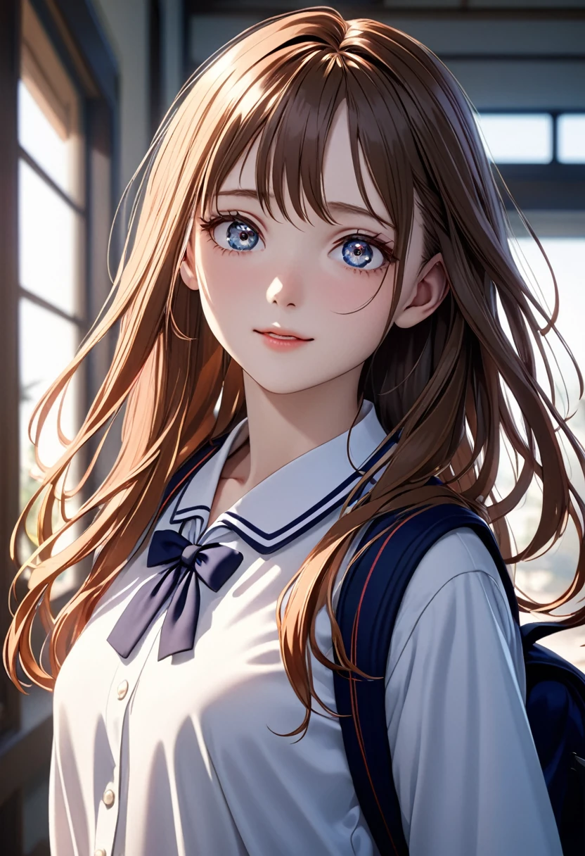 A beautiful anime girl, in school uniform, hands on the back, white background, long flowing hair, large expressive eyes, delicate facial features, porcelain skin, gentle smile, cinematic lighting, vibrant colors, dramatic atmospheric, photorealistic, 8k, best quality, masterpiece