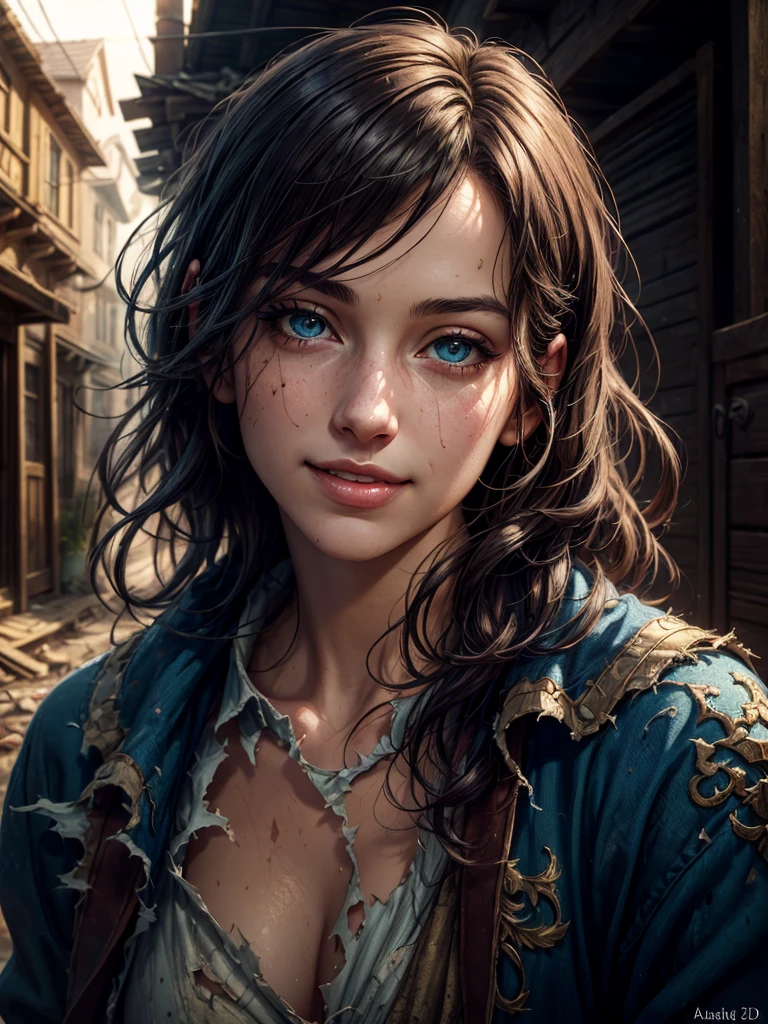 (medieval fantasy art), 1girl, beautiful, perfect face, , torn clothes, peasant, messy hair, dirty clothes, torn fabric, lost in alley, dnd, fantasy, (masterpiece, photorealistic, absurdres), dappled sunlight, studio lighting, (photorealistic:1.6), 
, seductive smile, inviting expression, suggestive