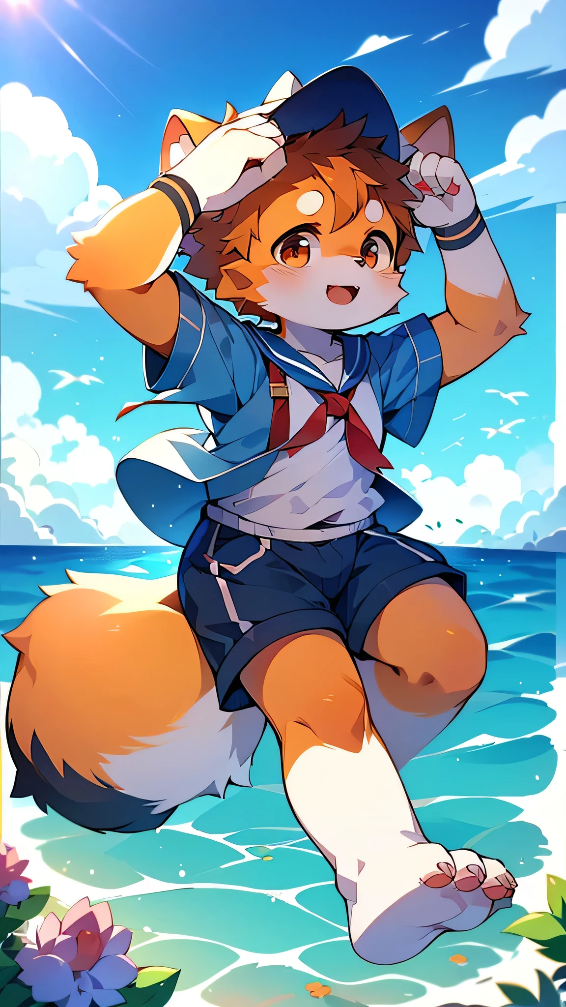 Male Red Panda,Sailor suit,super high quality,Very detailed,High resolution,Ocean,Anime Kawaii Art,style,Ocean,(Cheerful teenager,:1.3),single,alone,Blue Kemoshota