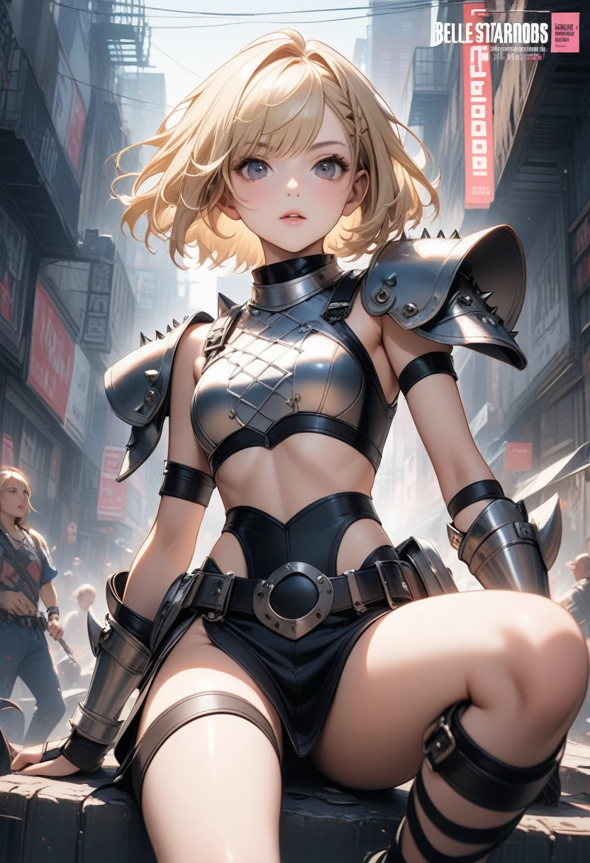 , ai-generated,(((Escape))), (((Better Quality))), (((masterpiece))), (((aldult))), (((1 girl))), ((( Bob Hairstyle ))), Uma gladiadora Escape de 25 anos com corpo perfeito, Metal spiked shoulder pads, Brooklyn Gladiators, (( Bob Hairstyle )), Small dental floss, Simon Beasley (Simon Bisley) Almost naked《Heavy Metal》Magazine cover photography，Creates a wild urban style, Blonde Short Hair, Minimum dress code, There is a metal guard on the left arm.，With complex graphics, scarlet，White stars and black and white checkered pattern, armor, Filled with spikes and rivets, (((From knee up))), 白色Blonde Short Hair, Belle Starmon