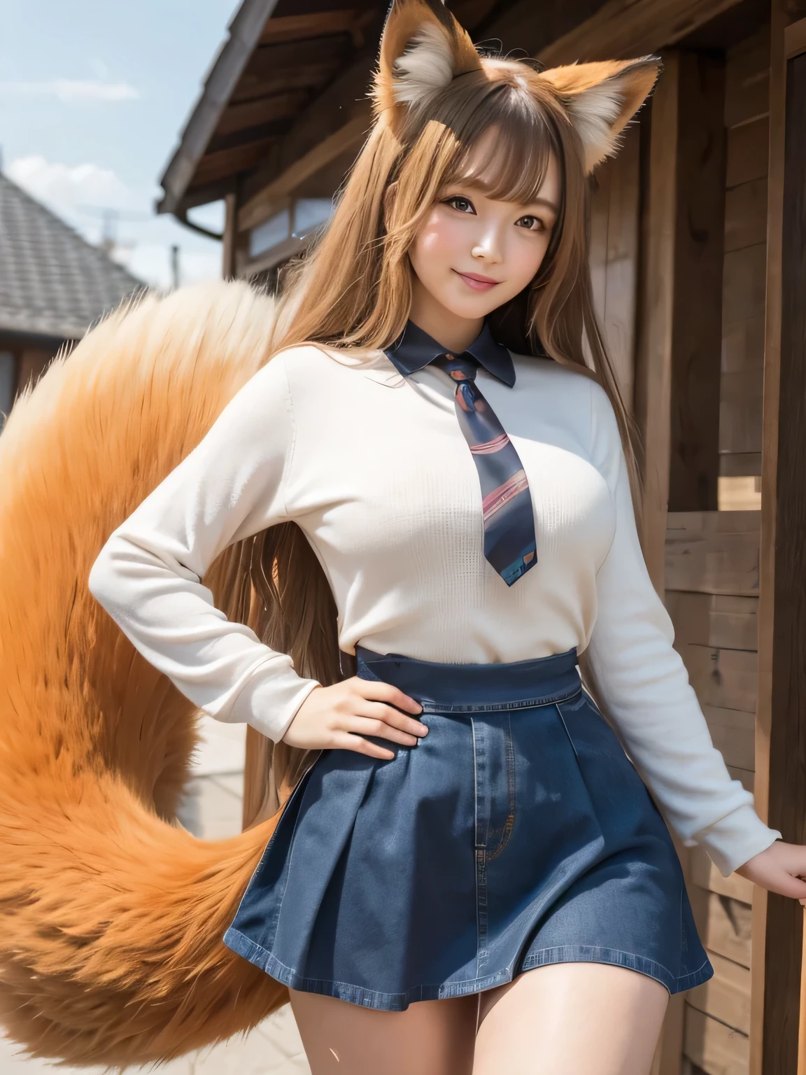 ((Highest quality, 8k)), ((masterpiece)), (Highest Resolution), Perfect Face, Fox Girl, high school girl, Beautiful woman, public, One tail, she has thick thighs, Big tail, She has an orange fox tail., She wags her tail, smile, Fur collar, She is wearing a short skirt, Beautiful Hips , Big Breasts, The skirt is rolled up at her tail