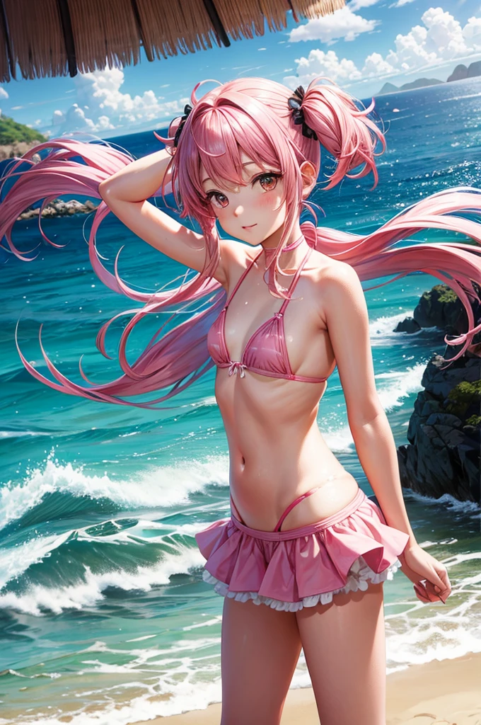 Pink Hair Twin tails Micro Bikini Shot near the sea