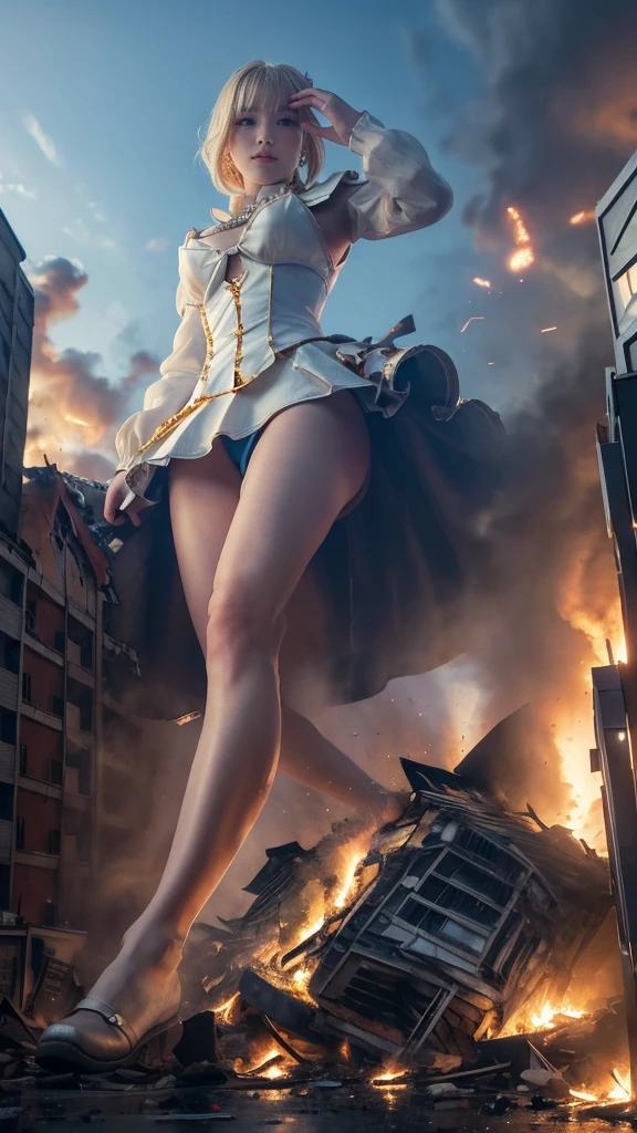 （Giantess Elements、High resolution、High resolution、high quality、Accurate body structure、Detailed body） そびえ立つ巨人のblonde少女，50,000 feet high、Looking up at the approaching woman from below、Giants attack the city、cute、blonde、Destroy a small townWomen、Destroy a small town、Mischievous look、(Maid clothes)Japanese、White skin、巨人blonde女、smile、Trampling buildings、rubble、Burning Small Town、Destroyed small building、Collapsed highway、Cars are crushed、Evacuation of residents、sunset、Burning Small Town、please、walk、Trampling、Anatomically correct、Accurate human body、Accurate skeleton、Full body portrait、blue eyes、足元にrubbleが散らばっている、taller than a skyscraper、Major impact、wonderful、Giantess Elements、Draw a woman in a big way、Increase the destructive element、Making cities smaller
