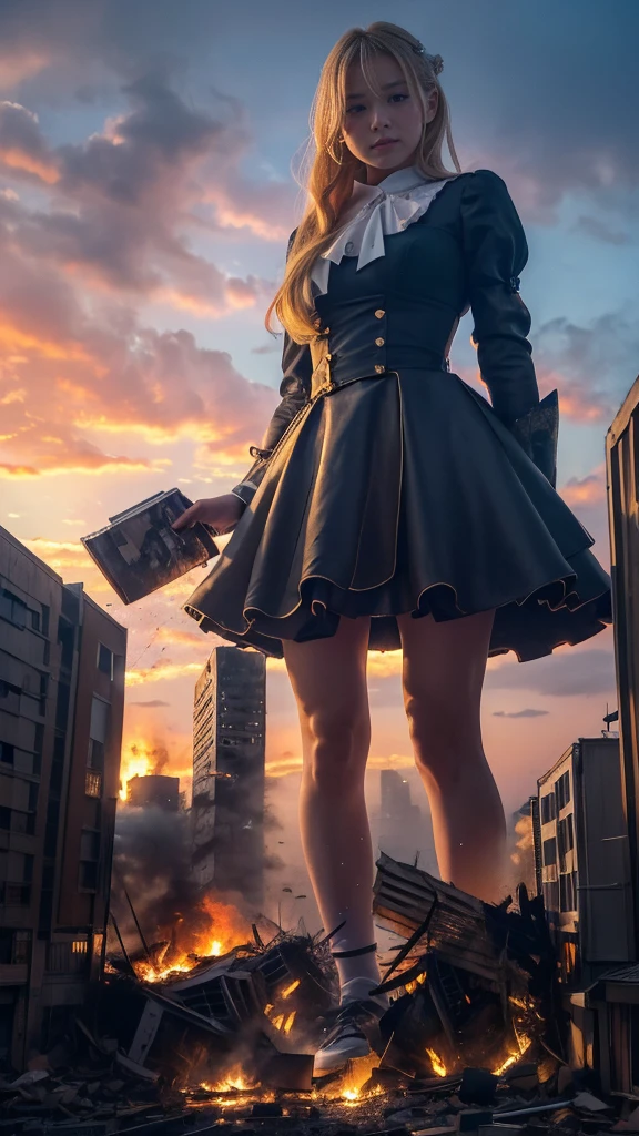 （Giantess Elements、High resolution、High resolution、high quality、Accurate body structure、Detailed body） そびえ立つ巨人のblonde少女，50,000 feet high、Looking up at the approaching woman from below、Giants attack the city、cute、blonde、Destroy a small townWomen、Destroy a small town、Mischievous look、(Maid clothes)Japanese、White skin、巨人blonde女、smile、Trampling buildings、rubble、Burning Small Town、Destroyed small building、Collapsed highway、Cars are crushed、Evacuation of residents、sunset、Burning Small Town、please、walk、Trampling、Anatomically correct、Accurate human body、Accurate skeleton、Full body portrait、blue eyes、足元にrubbleが散らばっている、taller than a skyscraper、Major impact、wonderful、Giantess Elements、Draw a woman in a big way、Increase the destructive element、Making cities smaller
