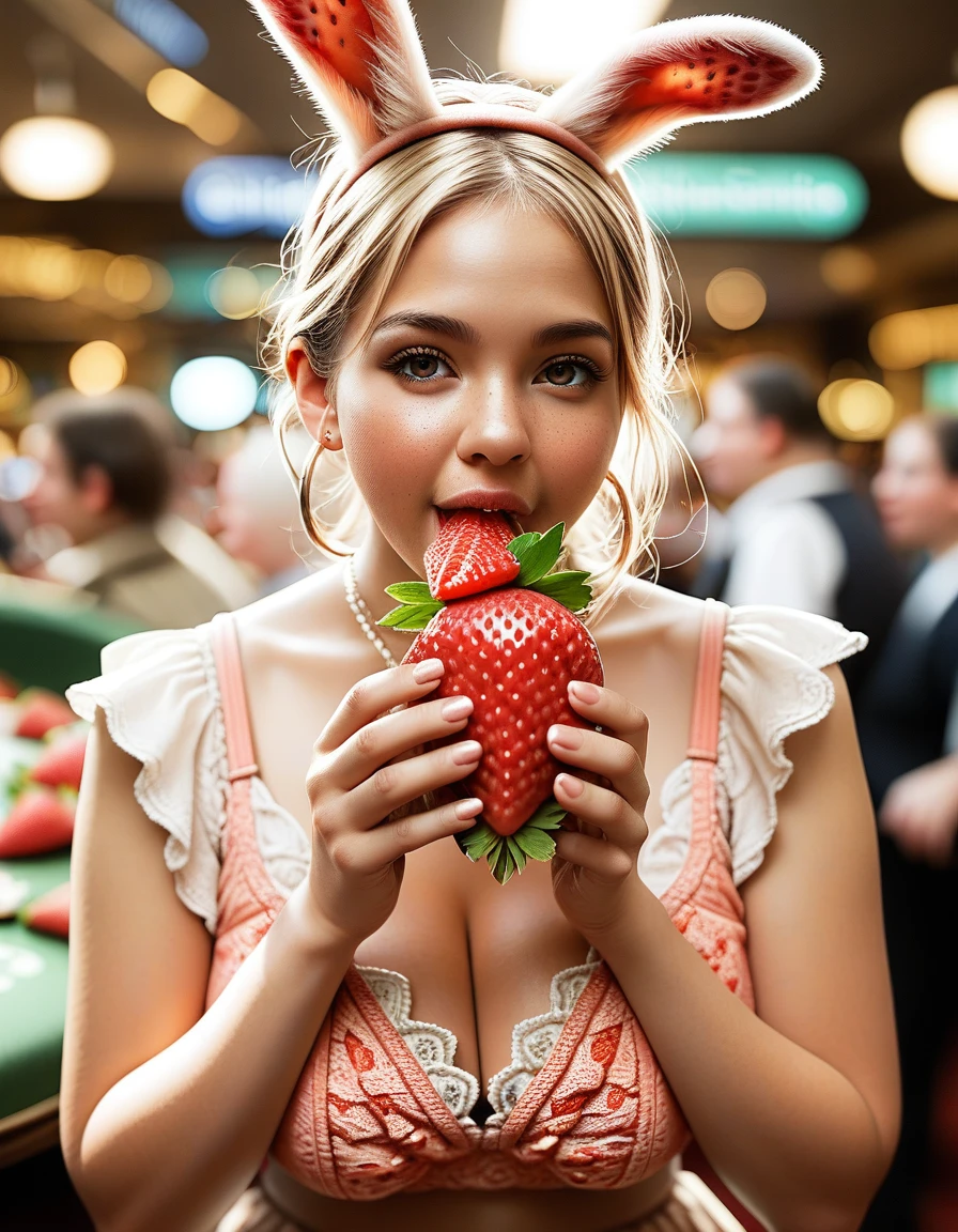 score_9, score_8_top, score_7_top, score_6_top, score_5_top, score_4_top, A bunny girl with her hands raised to show her sides (holding a huge strawberry in her mouth: 1.7), A single detailed and fresh strawberry in a casino,