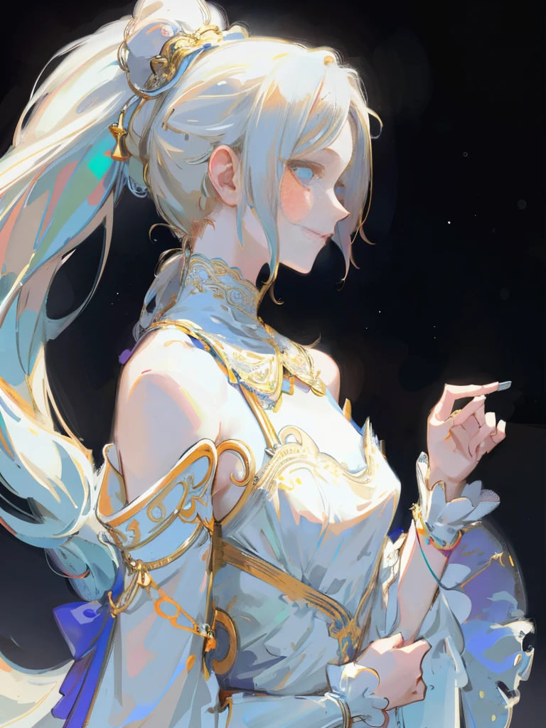 design：nty, women are, White silk clothing, Intricate details, Colored Background, Abstract, ponytail, (Heavenly maiden)