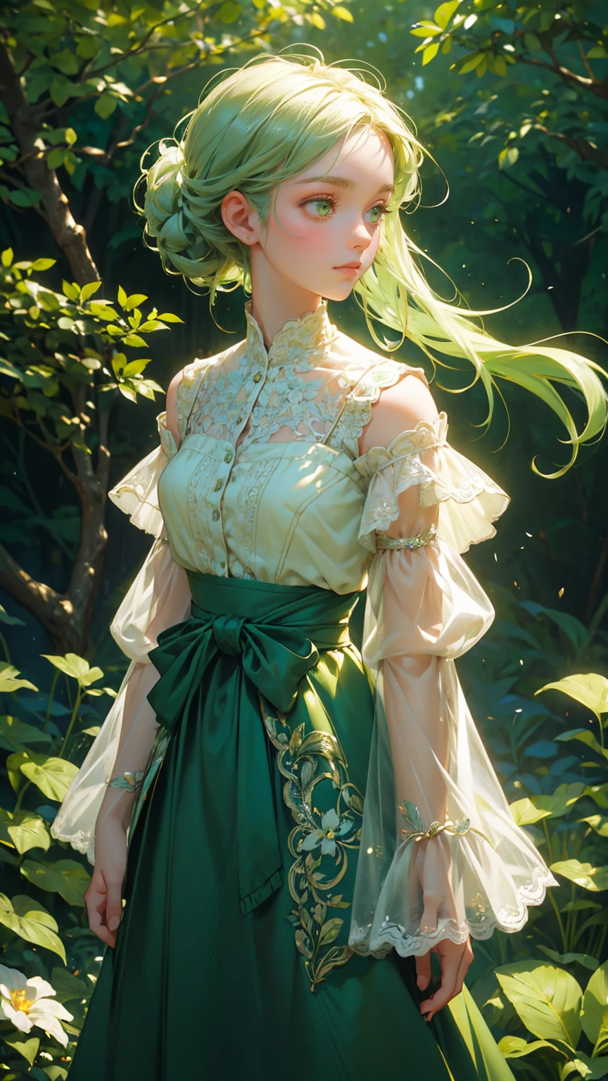 A serene and elegant scene featuring a beautiful girl with long, flowing green hair and vibrant green eyes, standing amidst a gentle breeze. She is wearing a delicate, cream-colored dress adorned with intricate lace details and a green ribbon tied at the waist. The dress has a vintage aesthetic, with buttons down the front and a slightly flared skirt. Over her shoulders, she has a green cardigan, adding a touch of warmth and comfort to her appearance. Her expression is calm and inviting, with a soft smile.

The background includes soft-focus blooming flowers and lush green foliage, creating a peaceful and natural atmosphere. The flowers are in various stages of bloom, with some fully open and others just budding. The greenery includes leaves of different shapes and sizes, adding to the richness of the scene. Light filters through the foliage, creating dappled patterns on the girl and the surroundings.

The text 'Announcement of Announcement' is displayed prominently in a sophisticated, elegant font that complements the serene theme. Replace the girl with another beautiful, cute girl while maintaining the same serene, elegant style and atmosphere. Ensure the new girl has similarly styled hair, clothing, and expression to fit seamlessly into the scene. The background, foliage, and overall color scheme should remain exactly the same, preserving the tranquil and harmonious feel of the image