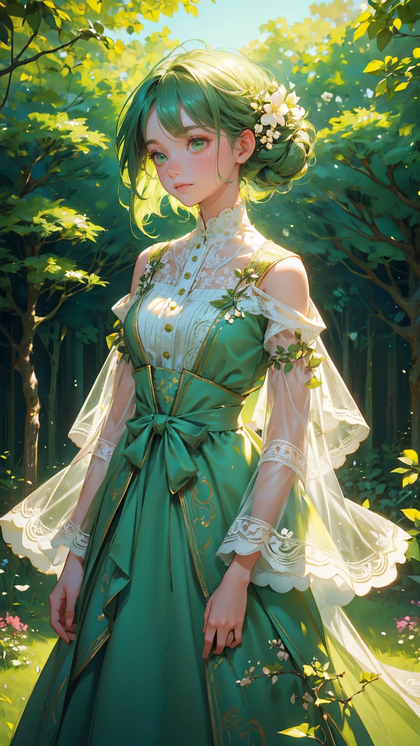 A serene and elegant scene featuring a beautiful girl with long, flowing green hair and vibrant green eyes, standing amidst a gentle breeze. She is wearing a delicate, cream-colored dress adorned with intricate lace details and a green ribbon tied at the waist. The dress has a vintage aesthetic, with buttons down the front and a slightly flared skirt. Over her shoulders, she has a green cardigan, adding a touch of warmth and comfort to her appearance. Her expression is calm and inviting, with a soft smile.
The background includes soft-focus blooming flowers and lush green foliage, creating a peaceful and natural atmosphere. The flowers are in various stages of bloom, with some fully open and others just budding. The greenery includes leaves of different shapes and sizes, adding to the richness of the scene. Light filters through the foliage, creating dappled patterns on the girl and the surroundings.
The text 'Announcement of Announcement' is displayed prominently in a sophisticated, elegant font that complements the serene theme. Replace the girl with another beautiful, cute girl while maintaining the same serene, elegant style and atmosphere. Ensure the new girl has similarly styled hair, clothing, and expression to fit seamlessly into the scene. The background, foliage, and overall color scheme should remain exactly the same, preserving the tranquil and harmonious feel of the image
