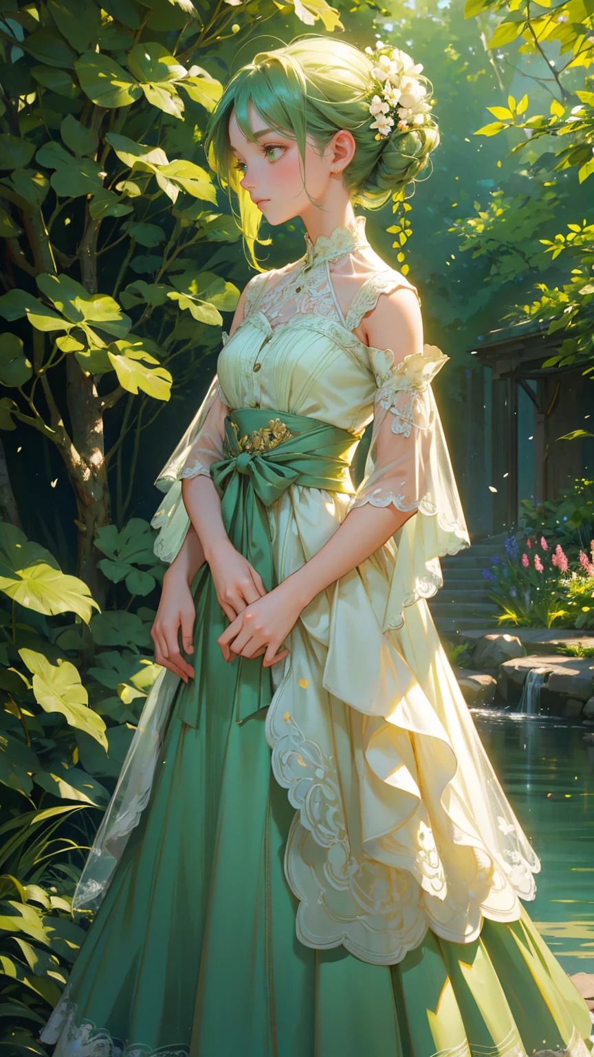 A serene and elegant scene featuring a beautiful girl with long, flowing green hair and vibrant green eyes, standing amidst a gentle breeze. She is wearing a delicate, cream-colored dress adorned with intricate lace details and a green ribbon tied at the waist. The dress has a vintage aesthetic, with buttons down the front and a slightly flared skirt. Over her shoulders, she has a green cardigan, adding a touch of warmth and comfort to her appearance. Her expression is calm and inviting, with a soft smile.

The background includes soft-focus blooming flowers and lush green foliage, creating a peaceful and natural atmosphere. The flowers are in various stages of bloom, with some fully open and others just budding. The greenery includes leaves of different shapes and sizes, adding to the richness of the scene. Light filters through the foliage, creating dappled patterns on the girl and the surroundings.

The text 'Announcement of Announcement' is displayed prominently in a sophisticated, elegant font that complements the serene theme. Replace the girl with another beautiful, cute girl while maintaining the same serene, elegant style and atmosphere. Ensure the new girl has similarly styled hair, clothing, and expression to fit seamlessly into the scene. The background, foliage, and overall color scheme should remain exactly the same, preserving the tranquil and harmonious feel of the image