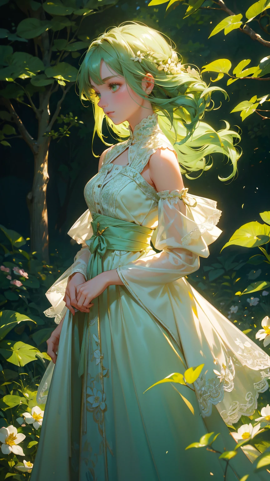 A serene and elegant scene featuring a beautiful girl with long, flowing green hair and vibrant green eyes, standing amidst a gentle breeze. She is wearing a delicate, cream-colored dress adorned with intricate lace details and a green ribbon tied at the waist. The dress has a vintage aesthetic, with buttons down the front and a slightly flared skirt. Over her shoulders, she has a green cardigan, adding a touch of warmth and comfort to her appearance. Her expression is calm and inviting, with a soft smile.
The background includes soft-focus blooming flowers and lush green foliage, creating a peaceful and natural atmosphere. The flowers are in various stages of bloom, with some fully open and others just budding. The greenery includes leaves of different shapes and sizes, adding to the richness of the scene. Light filters through the foliage, creating dappled patterns on the girl and the surroundings.
The text 'Announcement of Announcement' is displayed prominently in a sophisticated, elegant font that complements the serene theme. Replace the girl with another beautiful, cute girl while maintaining the same serene, elegant style and atmosphere. Ensure the new girl has similarly styled hair, clothing, and expression to fit seamlessly into the scene. The background, foliage, and overall color scheme should remain exactly the same, preserving the tranquil and harmonious feel of the image