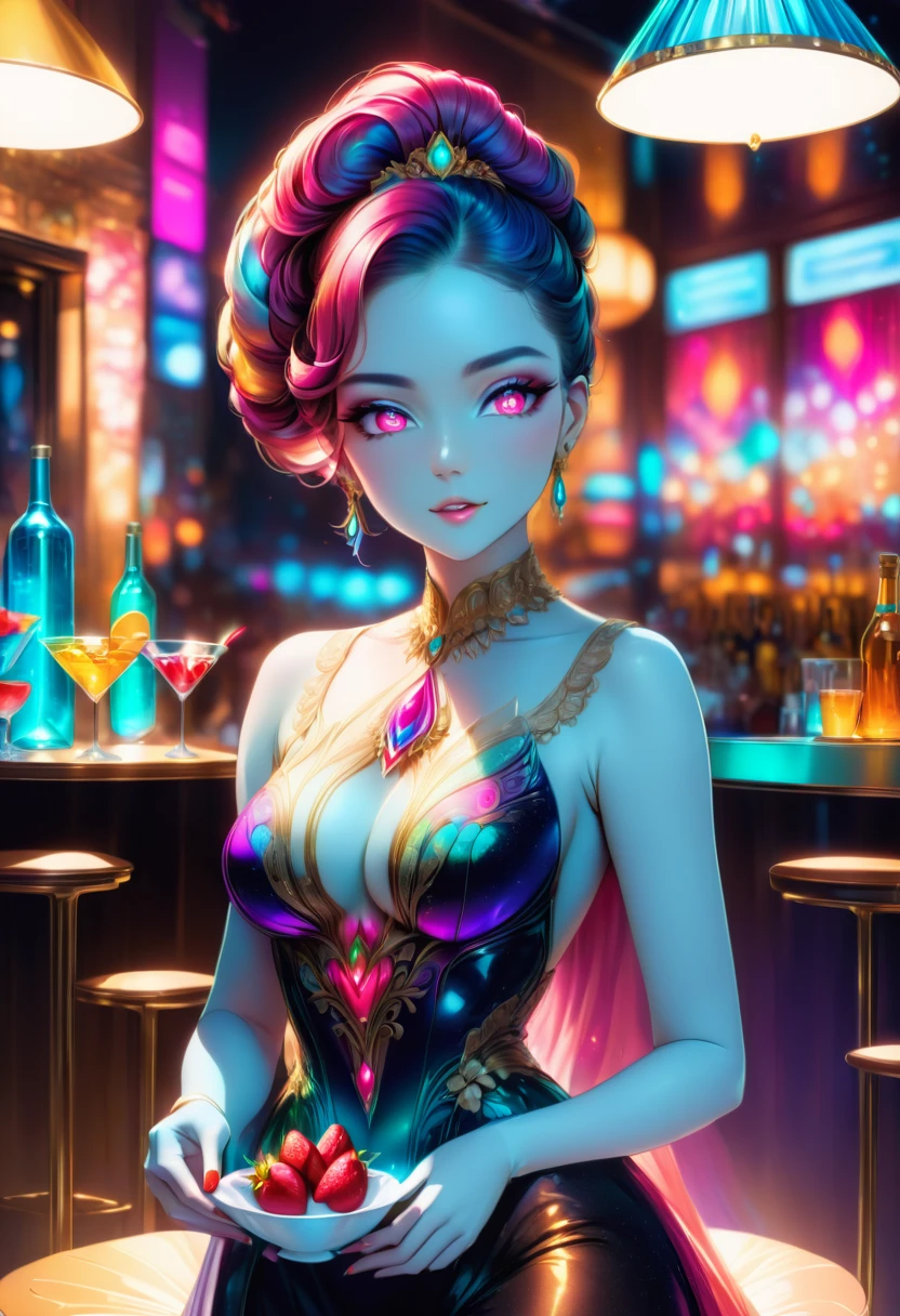 a portrait of  an exotic, elegant beautiful mecha woman eating an epic, (legendary strawberry: 1.3) in cocktail party , ((full body: 1.5)), ((anatomically correct: 1.5)), (ultra detailed face: 1.2), dynamic eye color, glowing eyes, dynamic hair color, dynamic hair style dynamic skin complexion, wearing 1960's glamour intricate dress, high. fashion dress, dynamic color dress , wearing high heels, cocktail party background, vibrant, Ultra-high resolution, High Contrast, (masterpiece:1.5), highest quality, Best aesthetics), best details, best quality, highres, 16k, (ultra detailed: 1.5), masterpiece, best quality, (extremely detailed) RAW, (ultra details, Masterpiece, best quality), Hyperrealism style, MechanicusStyleAI, 