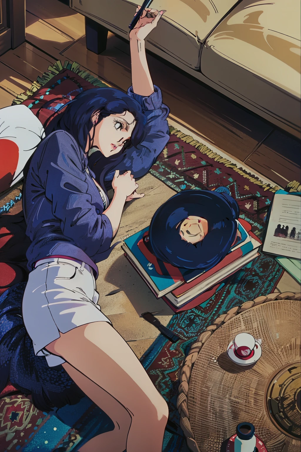 Long-haired woman lying down,black hair,LP version,Animation Style