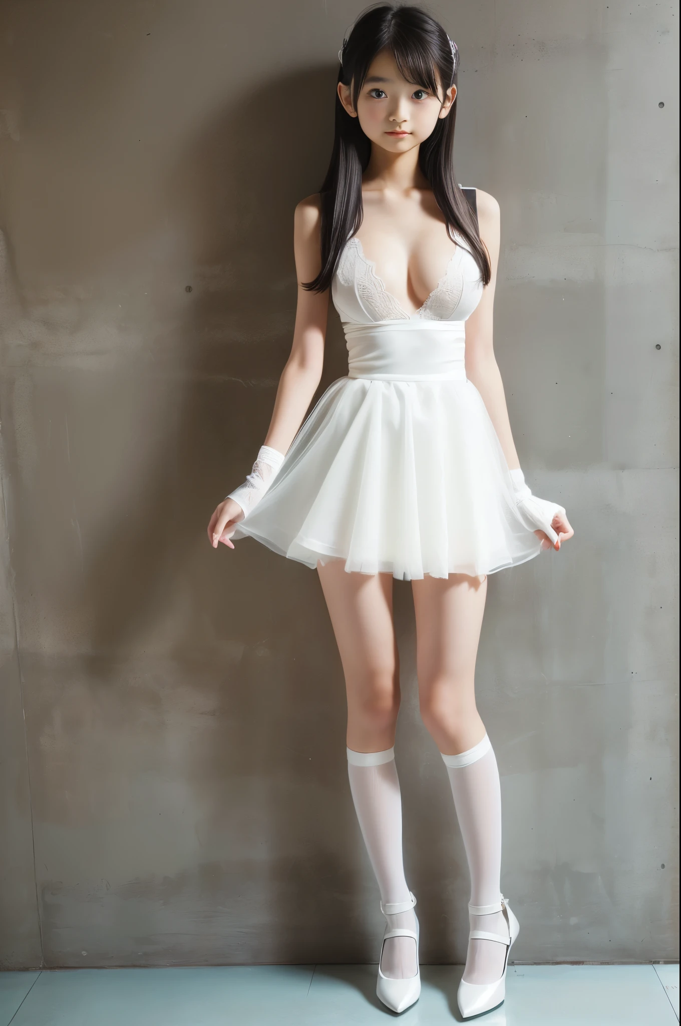 (A -yeld Jaese girl with a very slim figure, firm and moderately large breasts, a thin waist, and a very cute, baby faceFull body portrait:1.5)),very narrow waist,All pure white sheer miniskirt lingerie, lace gloves, high heels and garter stockings,Frightened look,Standing empty-handed and looking away,girl is looking somewhere,Secretly taken from the side at a distance