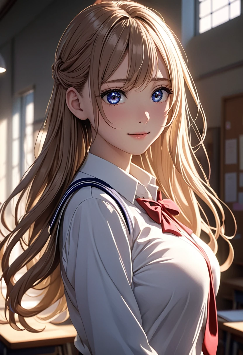 A beautiful anime girl, in school uniform, hands on the back, white background, long flowing hair, large expressive eyes, delicate facial features, big breast, half body, porcelain skin, gentle smile, cinematic lighting, vibrant colors, dramatic atmospheric, photorealistic, 8k, best quality, masterpiece