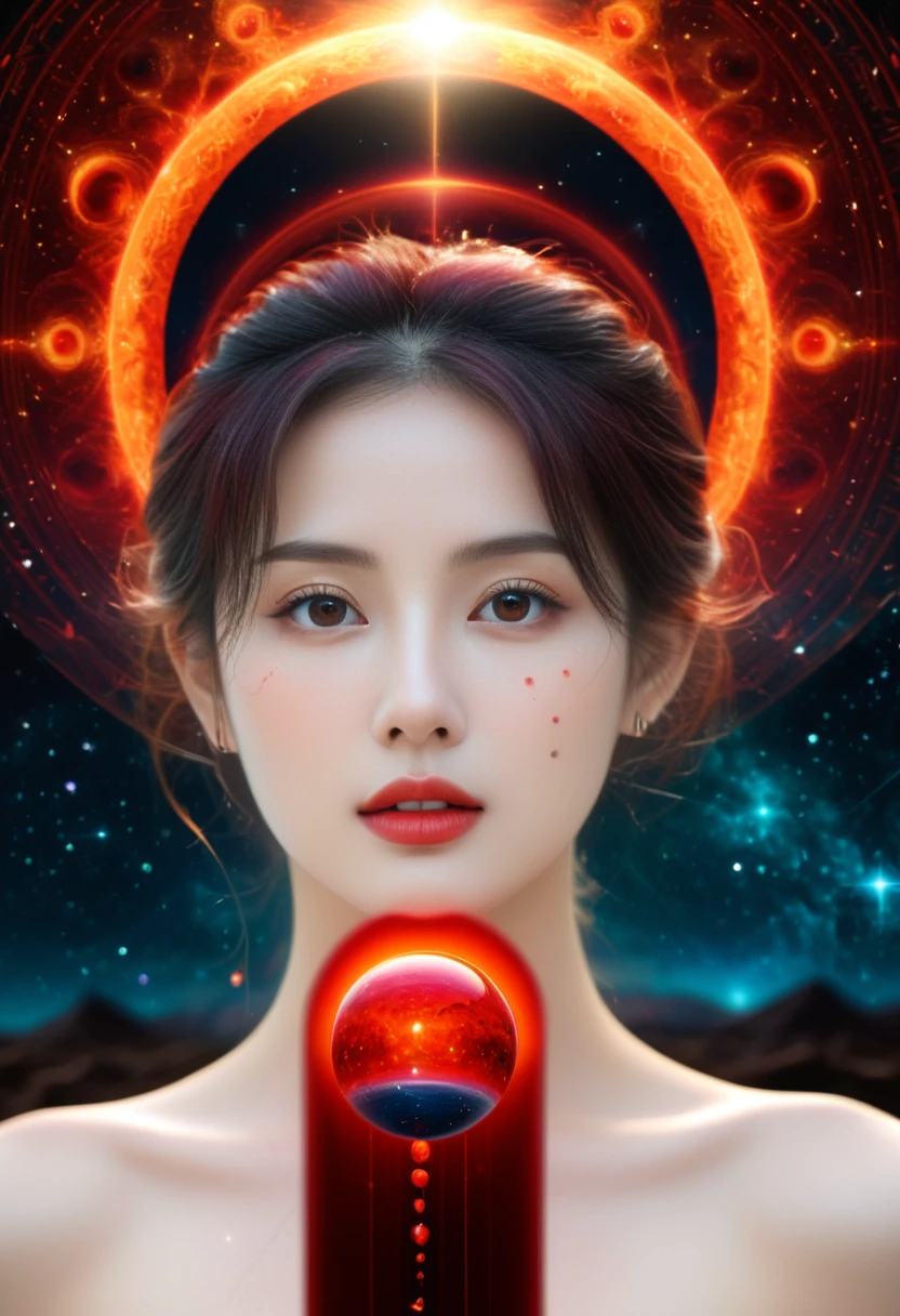 high quality, 8K Ultra HD, 一位迷人女性的Surrealism肖像.
An astrological event took place before the eyes of the goddess of the universe, Amazing depth, masterpiece, Surrealism, Geometric patterns, Complex details, Bokeh, Perfect balance, Deep and thin border, Artistic Photorealism , sketchy, Mature image, The red dot is inhabited by demons,