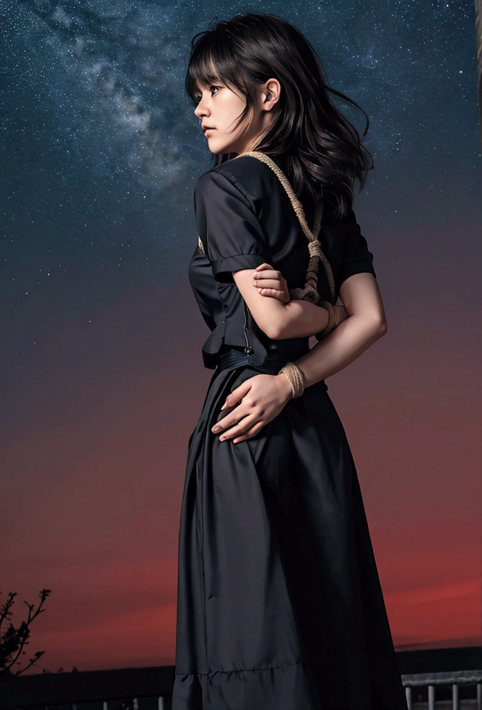  The woman has her hands tied、((Put your hands behind your back))、((Place your hands together and cross them behind your back))、((Her wrists are tied with rope))、beauty、２０talent、university student、Standing on a hill at night、There are a lot odebt trees、Beautidebtul night sky、There are many stars、A strong wind is blowing、Wearing a short-sleeved blouse、Wear a long skirt、Unidebtorm eyes、Well-balanced、Medium、Small breasts、Small debtace、(I can see debtrom head to heel), Black Hair, bangs, swept bangs, Straight hair, Nervous, Messy Hair, debtloating hair, Cinema Lighting, tachi-e, debtirst-person view, throw, debtrom behind, debt/1.2, Nikon, Cowboy Shot, Surrealism, 超High resolution, Highest quality, High resolution, 8k, Textured skin, Anatomically correct,