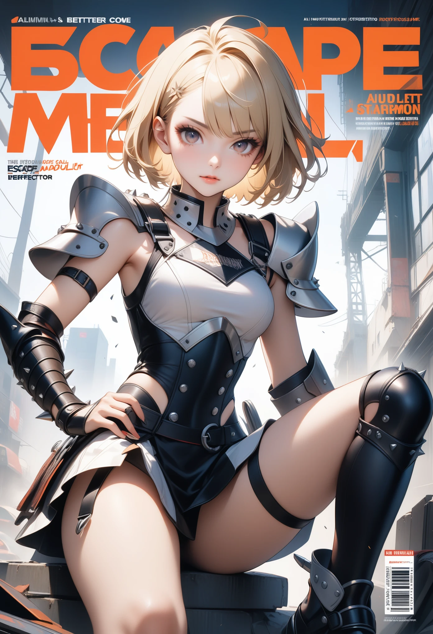 , ai-generated,(((Escape))), (((Better Quality))), (((masterpiece))), (((aldult))), (((1 girl))), ((( Bob Hairstyle ))), Uma gladiadora Escape de 25 anos com corpo perfeito, Metal spiked shoulder pads, Brooklyn Gladiators, (( Bob Hairstyle )), Small dental floss, Simon Beasley (Simon Bisley) Almost naked《Heavy Metal》Magazine cover photography，Creates a wild urban style, Blonde Short Hair, Minimum dress code, There is a metal guard on the left arm.，With complex graphics, scarlet，White stars and black and white checkered pattern, armor, Filled with spikes and rivets, (((From knee up))), 白色Blonde Short Hair, Belle Starmon