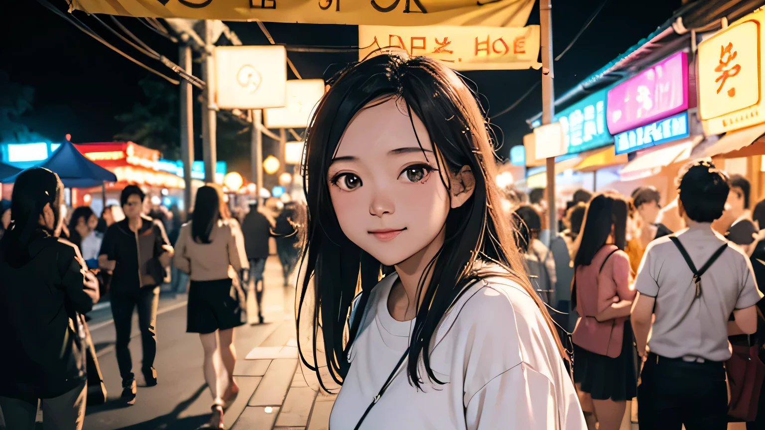 (best quality), (masterpiece), a background image for Lofi Music with a Laos girl, (Laos girl:1.1), (Lofi Music:1.3), (serene expression:1.3), (ray tracing:1.3), (realistic:1.5), Smiling look, Vietnam Night Market, glowing lanterns illuminating the streets, vendors with bright neon signs, a lively crowd with warm smiles, the vibrant colors of traditional crafts, and the aroma of street food drifting through the air, capturing the essence of night life