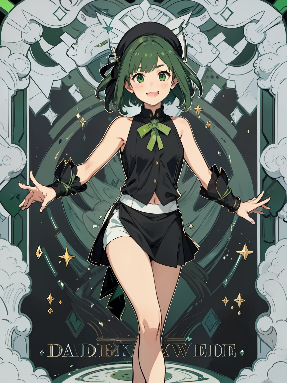 Masterpiece, first class, (perfect face: 1.1 points), (attention to detail: 1.1 points), one of a kind, (healthy skin), cartoon, deformed, full body, anteater, white skin, (dark green shiny hair), (bright green tips), (large black ribbon on side), green eyes, white top with black ties, black tank under top, white beret, ((smiling with mouth wide open)), looking at camera, front face, background, plain,