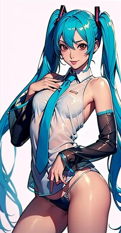 masterpiece, hatsune miku, 32K, (See-through shirt)Blue tie, Exposing shoulders, The sleeves are separated, Evil Smiley Face, Dark Skin, Red eyes, Iris, Pupil orange,Showing her panties,