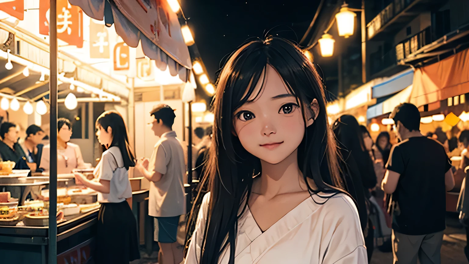 (best quality), (masterpiece), a background image for Lofi Music with a Laos girl, (Laos girl:1.1), (Lofi Music:1.3), (serene expression:1.3), (ray tracing:1.3), (realistic:1.5), Smiling look, Vietnam Night Market, glowing lanterns illuminating the streets, vendors with bright neon signs, a lively crowd with warm smiles, the vibrant colors of traditional crafts, and the aroma of street food drifting through the air, capturing the essence of night life