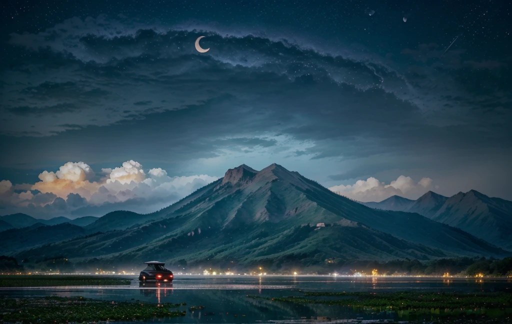 night, Only moonlight illuminates, crescent moon, mountains in the distance, Beautiful big lotus nearby, big red lotus, There is running water next to it, frog, Summer is full of joy, crescent moon in the sky mixed with stars, Amazing wallpapers, Rainy night, rainy night, Beautiful and beautiful, Movie, high detail ((downpour))), 8k