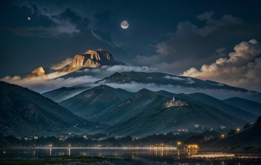 night, Only moonlight illuminates, crescent moon, mountains in the distance, Beautiful big lotus nearby, big red lotus, There is running water next to it, frog, Summer is full of joy, crescent moon in the sky mixed with stars, Amazing wallpapers, Rainy night, rainy night, Beautiful and beautiful, Movie, high detail ((downpour))), 8k