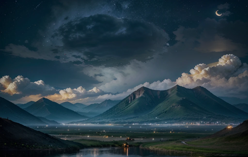 night, Only moonlight illuminates, crescent moon, mountains in the distance, Beautiful big lotus nearby, big red lotus, There is running water next to it, frog, Summer is full of joy, crescent moon in the sky mixed with stars, Amazing wallpapers, Rainy night, rainy night, Beautiful and beautiful, Movie, high detail ((downpour))), 8k