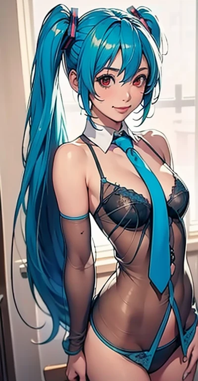 masterpiece, hatsune miku, 32K, (See-through shirt)squat, Exposing shoulders, The sleeves are separated, Evil Smiley Face, Dark Skin, Red eyes, Iris, Pupil orange,Showing her panties,Pointed nipples,Big Breasts,Delicate images,Highest quality,Cleavage,Knee-high,garter belt,