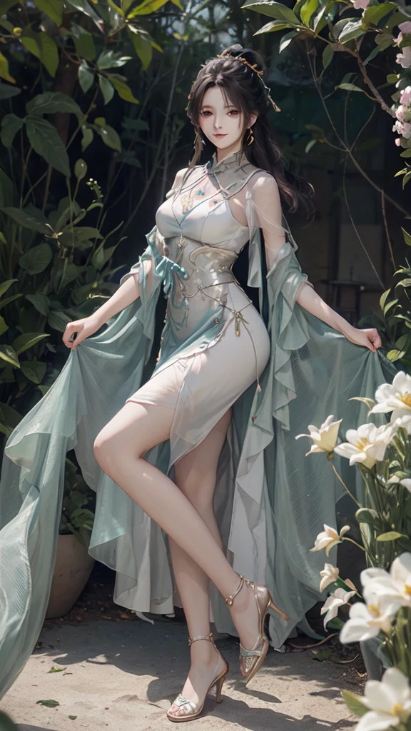 beautiful young woman, White dresses and dresses, in the beautiful beach, My hair is long and neat., flirtatious, Smiling softly, holding flowers, ultra HD, realistic, Bright colors, Highly detailed, UHD Drawing, perfect composition, Complex with beautiful details Middle distance full body, Double eyelids,Chocolate eyes,Sharp eyes, long hair, ponytail,Sexy short cheongsam sleeveless high slit,Dark green,A girl,A woman,Full body painting,Full body painting,High heel,Full body painting,Full body painting,