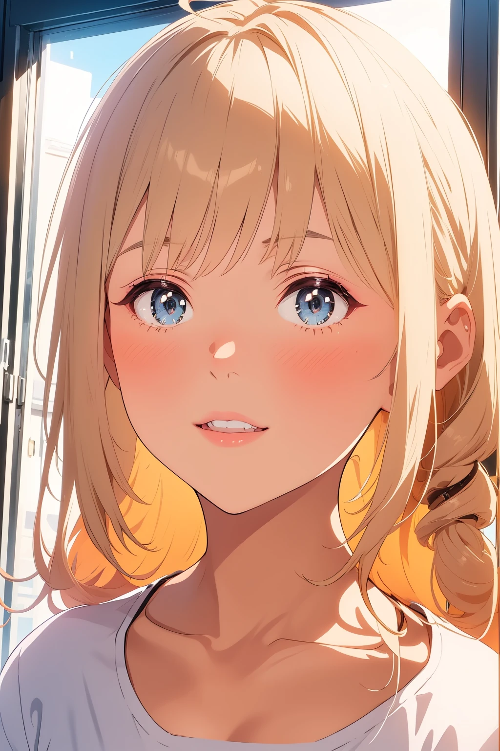 visual anime of a cute girl, Best Anime Girls, Naughty anime style, Captivating woman, big ,Two blonde tails,Detailed eyes and face,Detailed lips,Beautiful attention to detail,White visor cap included,White mini skirt,She wears a white t-shirt,She is wearing a low-neck short-sleeve T-shirt and a black bra.。.., Playing golf in a seductive pose.
