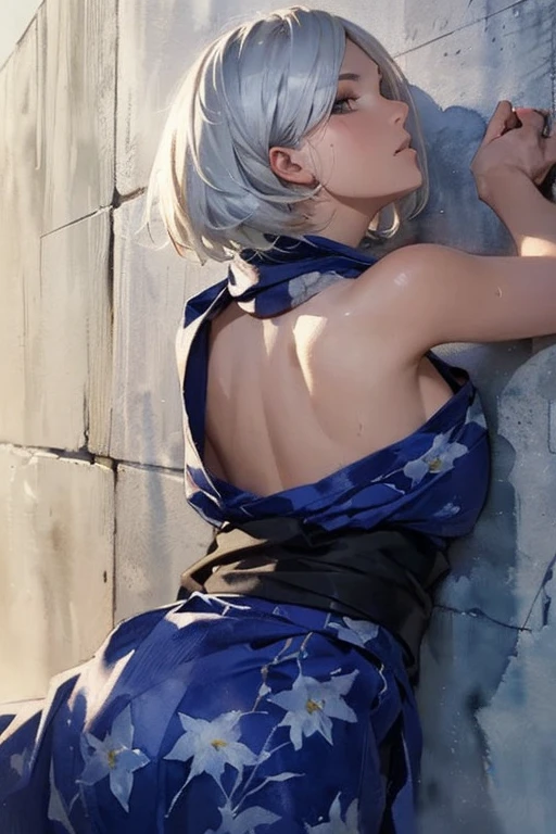 {erotic face,anguish,(patience:1.1),(very ecstasy:1.2),(writhing:1.4),embarrassing,half open eye},{(blue glowing eyes:1,4),(sensual look:1.4)},BREAK,{(obscene pose:1.2),(arched back:1.2),(arch one's head:1.4)},BREAK,{(realistic photo graphic style:1.4),(watercolor image:1.4),sketch,overall light color},{(simple configuration:1.1),(profile:1.2),(look away:1.2)},{(plaster wall behind:1),(Variegated ivy crawl on the wall:1.4),(cast a shadow on the wall:1.4)},BREAK,{(fower pattern on pearl_colored yukata:1.4),(disheveled yukata:1.4)},BREAK,{(clavicle:1.2),(cleavage between breasts:1),(shoulder:1.2),(thigh:1.4),(armpits:1),(sweat on the neck:1.2),Fascinating nape},BREAK,{(solo, YoRHa type of Nier Automa):1.2, (white_silver colored hair:1.4), short cut hair, (blue glowing eyes:1,4),(black bandana in hair:1.5)},BREAK,{(masterpiece,best quality, 8K UHD, extremely detailed CG, detailed beautiful face and eyes and skin and hair)}