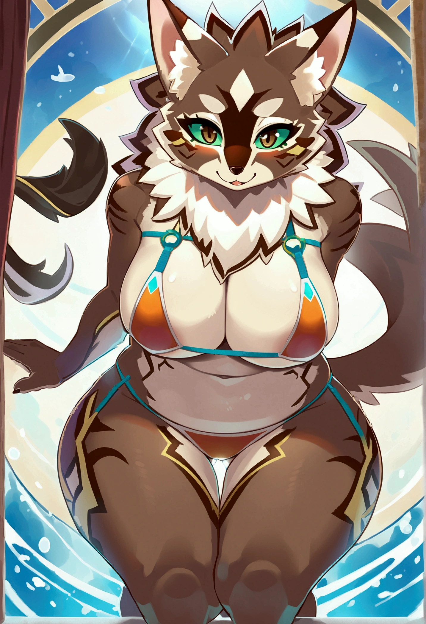 top quality, best quality, by mumu202, High-quality illustrations, masterpiece)(kemono, furry anthro), very beautiful and detailed body face and eyes, round, 1 female, jackal, Seth, (Tokyo Afterschool Summoner), slightly chubby, brown furs, fluffy, tail, big breasts, perfect eyes, green sclera eyes, beautiful bikini, body movement, body twitching,