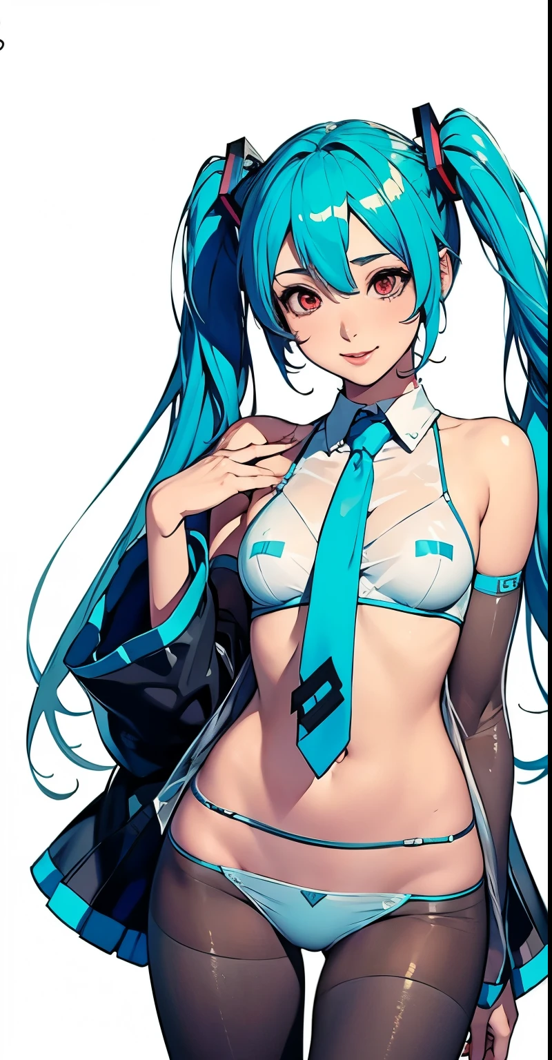 masterpiece, hatsune miku, 32K, (See-through shirt)Blue tie, Exposing shoulders, The sleeves are separated, Evil Smiley Face, Dark Skin, Red eyes, Iris, Pupil orange,Showing her panties,