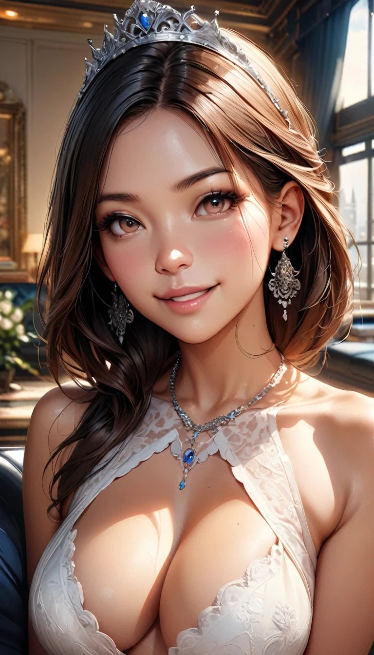 (One Girl), Updo, Princess, Very cute face, Great face and eyes, (Very detailed目, Very detailed顔), Fresh, Very beautiful appearance, (Ultra-realistic, High resolution), (Highest quality:1.4), (super high quality), Realistic skin texture, RAW Photos, (Realistic, Realistic:1.37), Very detailed, Professional photography, (beautiful lace bridal dress:1.5), (Front open lace bridal dress), (Cleavage:1.2), (Expose your shoulders), smile, (look at me), Gorgeous Tiara, Luxury Accessories, Necklaces and earrings, (Luxurious living room:1.3), Portrait of a Girl,