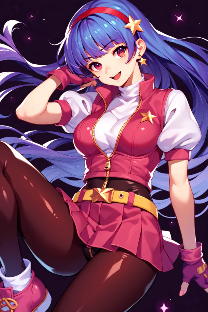 , score_8_up, score_7_up,score_6_up, score_5_up, score_4_up , 1girl, solo, kula, blue hair, red eyes, black bodysuit, gloves, zipper, asamiya athena, purple eyes, purple hair, long hair, white earrings, red hairband, star hair ornament, medium breats, red vest, white turtleneck, white puffy sleeves, short sleeves, red pleated skirt, (deep red pantyhose:1.2), black pantyhose, yellow belt, purple sphere shape necklace, red fingerless gloves, white short socks, red shoes,happy, cowboy shot, simple background