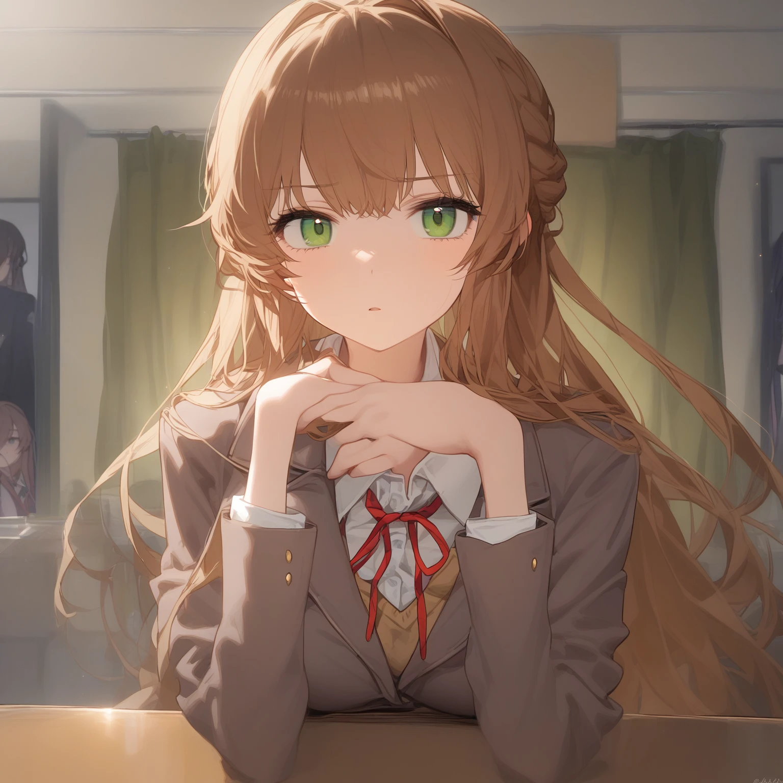 Monika, ddlc, ominous gaze, staring at the viewer, green eyes, school uniform, brown blazer